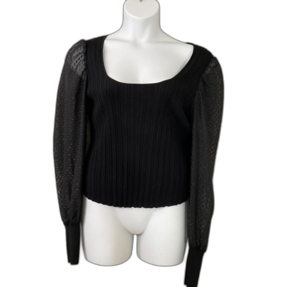 By Anthropologie sweater Top ribbed Sheer sleeves Square Neck women’s XL Black - Picture 1 of 12